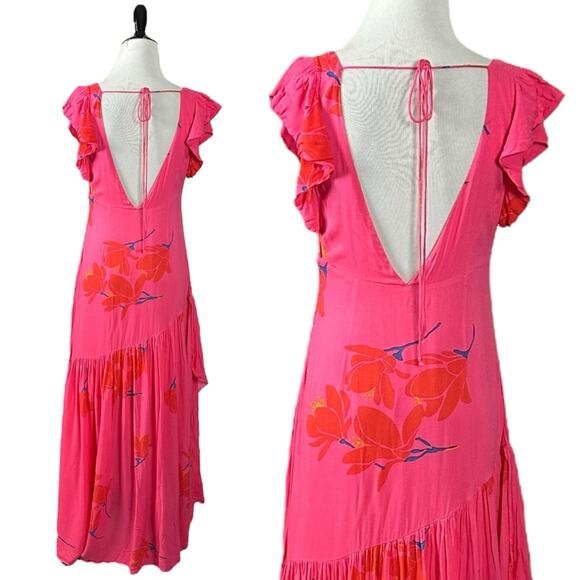 Free People Tropical Hawaiian Hibiscus Hot Pink Floral Maxi Dress Size 0 XS - Picture 10 of 15